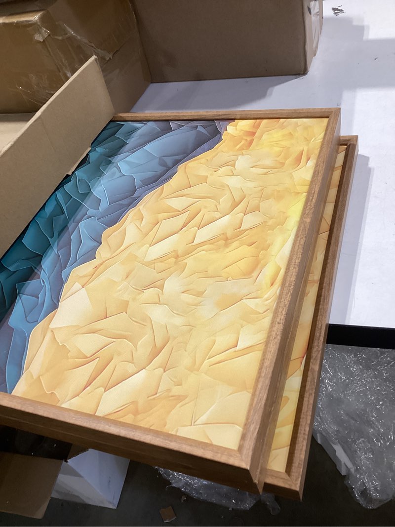 Condition photo showing Good Condition for Celestdeco Abstract Mountain Framed Canvas Wall Art Set, Forest Pine Tree Golden Sunset Wall Decor, Mixed Patchwork Landscape Art Print for Living Room, Bedroom, Dining Room, Office - 16"x24"x3