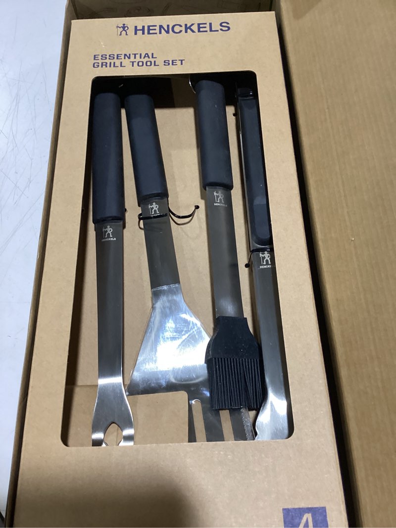 Condition photo showing Good Condition for HENCKELS BBQ Grill Tool Set, 4-Piece Stainless Steel Barbecue Accessories with Spatula, Tongs, Fork & Basting Brush, Heavy Duty Outdoor Grilling Kit for Camping, Tailgate & Backyard Cooking