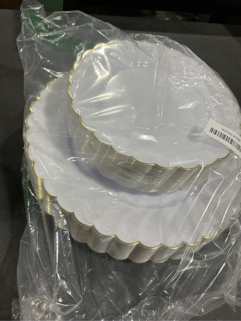 Condition photo showing Good Condition for 50 Pcs White Scalloped Plastic Plates with Gold Rim Disposable Fancy Decorative Elegant Party Plates 25pcs Heavy Duty Dinner Plate 10" 25pcs Dessert Plate 7.5" Perfect for Wedding Baby Shower 50Pcs White