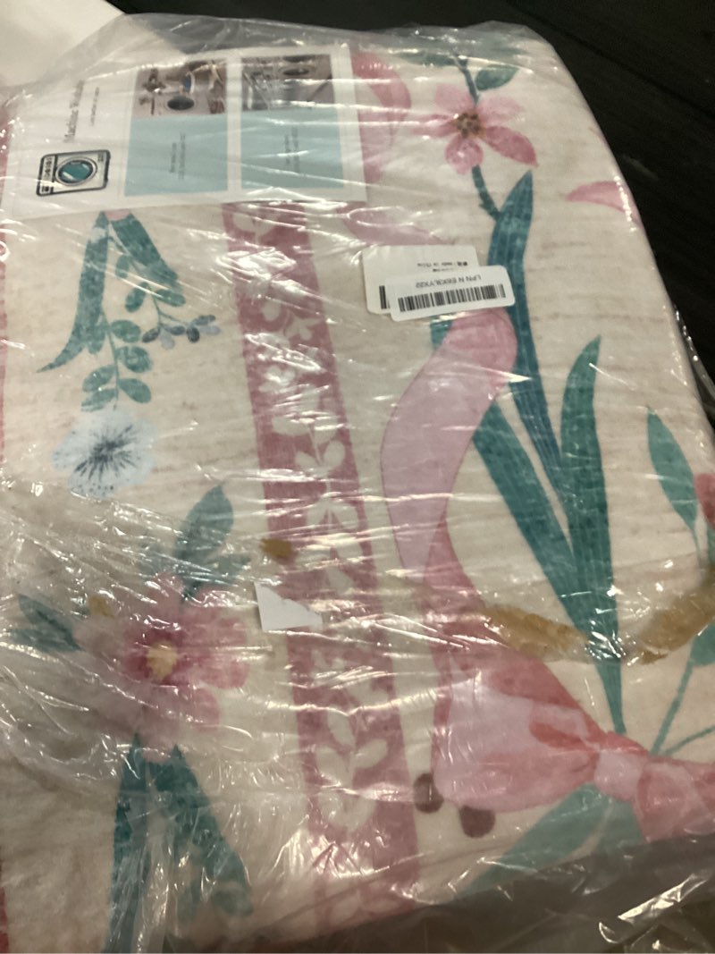 Condition photo showing New/Like New for coquette pink bow rug 5x7, washable floral area rug for girls bedroom & nursery, soft low pile non slip carpet for kids room, dorm, playroom, living room 5 x 7 ft pink bow