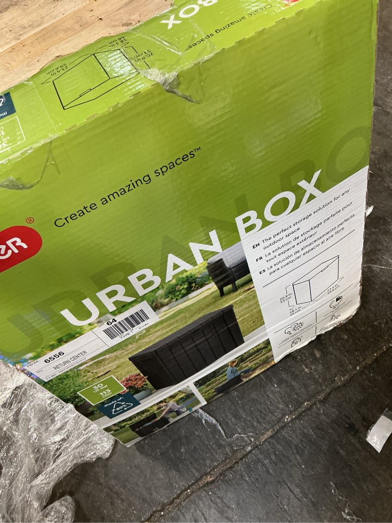 Condition photo showing As Is for keter urban 30 gal. outdoor deck box/storage table