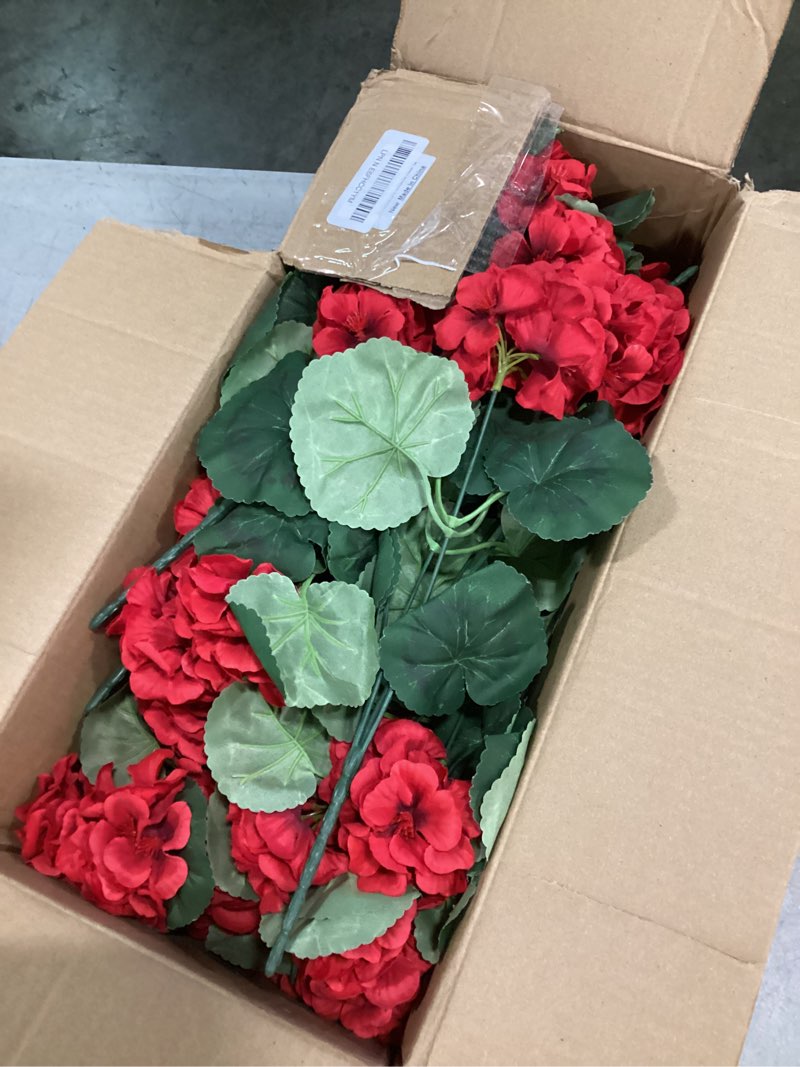 Condition photo showing New/Like New for hananona 12 pcs artificial geranium flowers for outdoors geranium silk red flowers outdoor uv resistant garden plants faux flower for christmas home kitchen table centerpieces decor (12, red) red 12