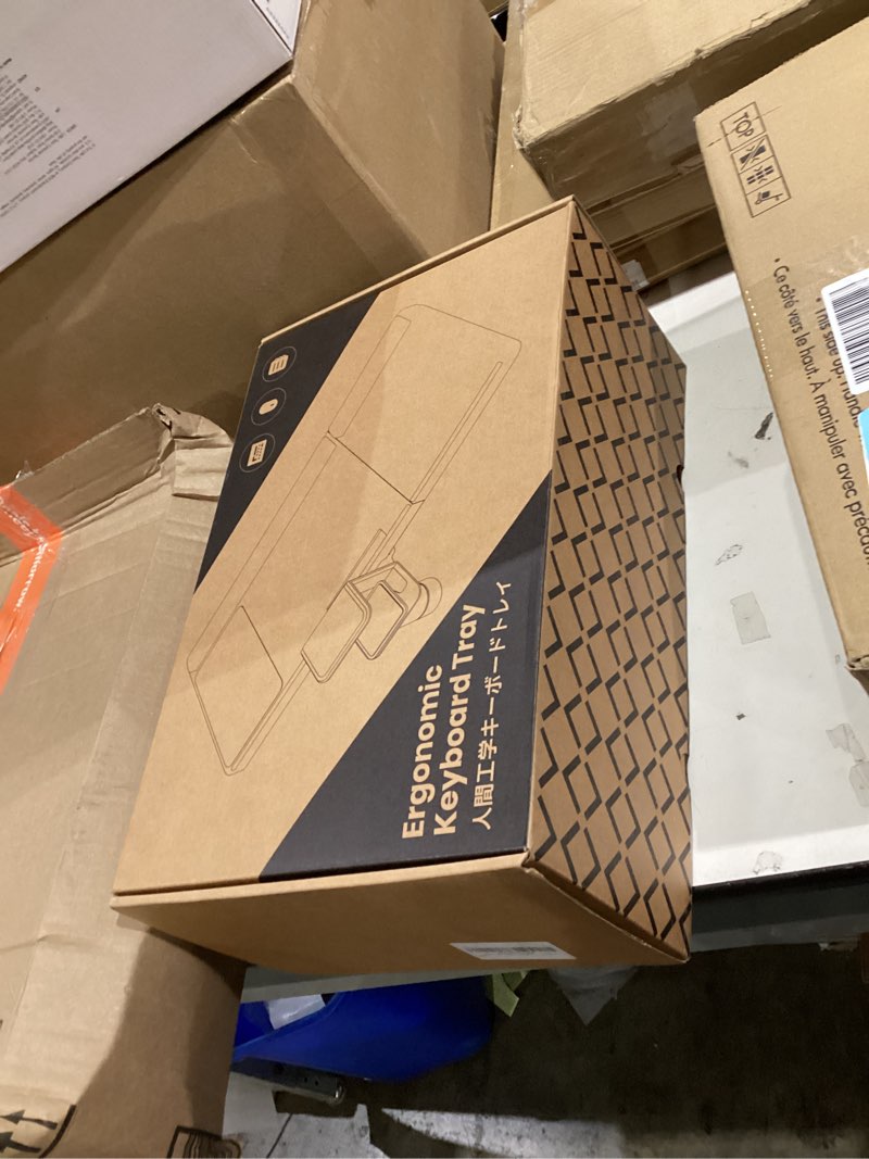 Condition photo showing New/Like New for Klearlook Keyboard Tray Under Desk with 360° Rotation, Ergonomic Computer Keyboard & Mouse Tray 25"W×11.02"D Sit Stand Desk Keyboard Holder w/Wrist Rest & Storage Drawer (Height is not Adjustable)