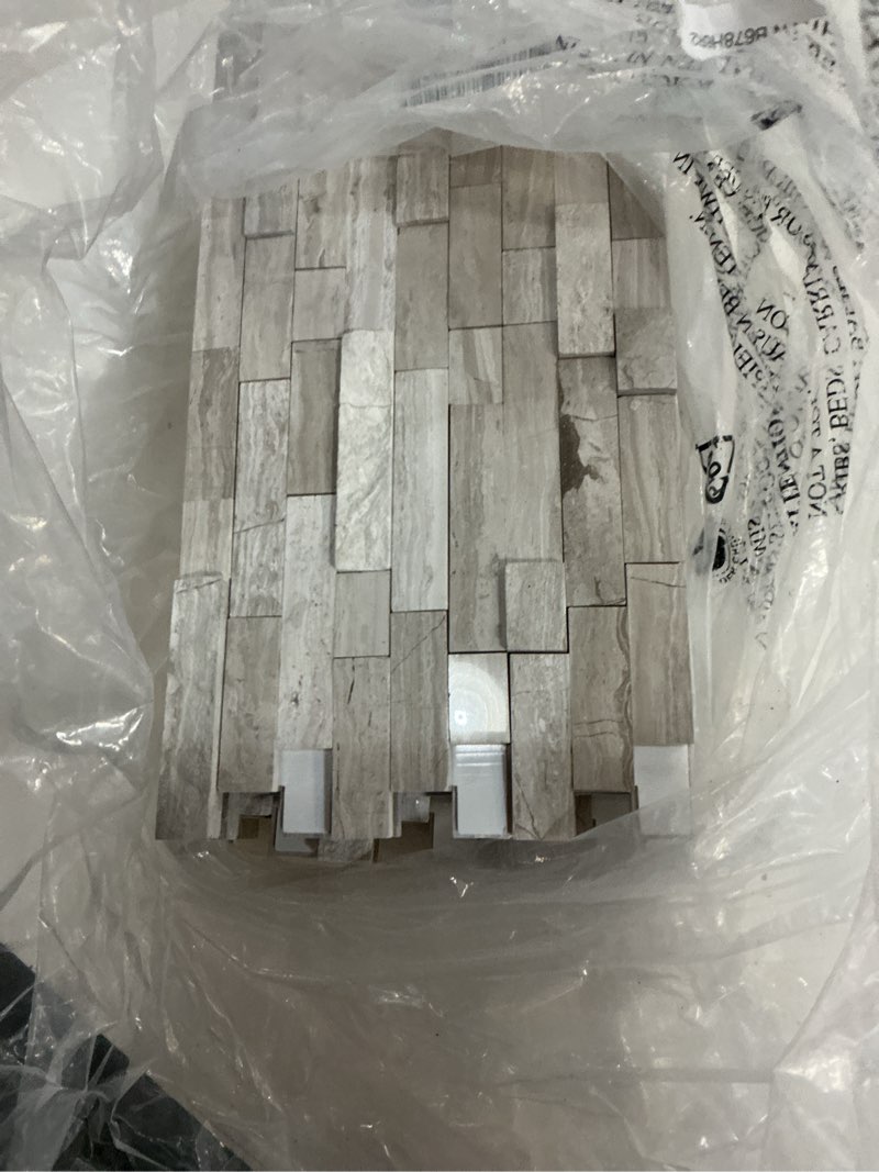 Condition photo showing Good Condition for sunwings 5-sheet peel and stick mosaic natural 3d stone self adhesive marble tiles, 11.5" x 10.7" stick on backsplash for kitchen bathroom fireplace vanity, mixed tan mixed tan 11.54*10.75*0.31inch(5 sheets)