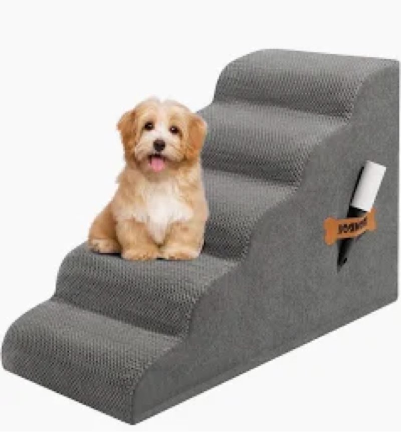 Romrol Dog Stairs Ramp for High Beds Couches, High Density Foam Pet Steps with Durable Non-Slip Waterproof Fabric Cover, Dog Stairs for Small Dogs or Cats or Pets, 3-Step,15 Inch, Grey 5 Step-22"H Fleece-Grey