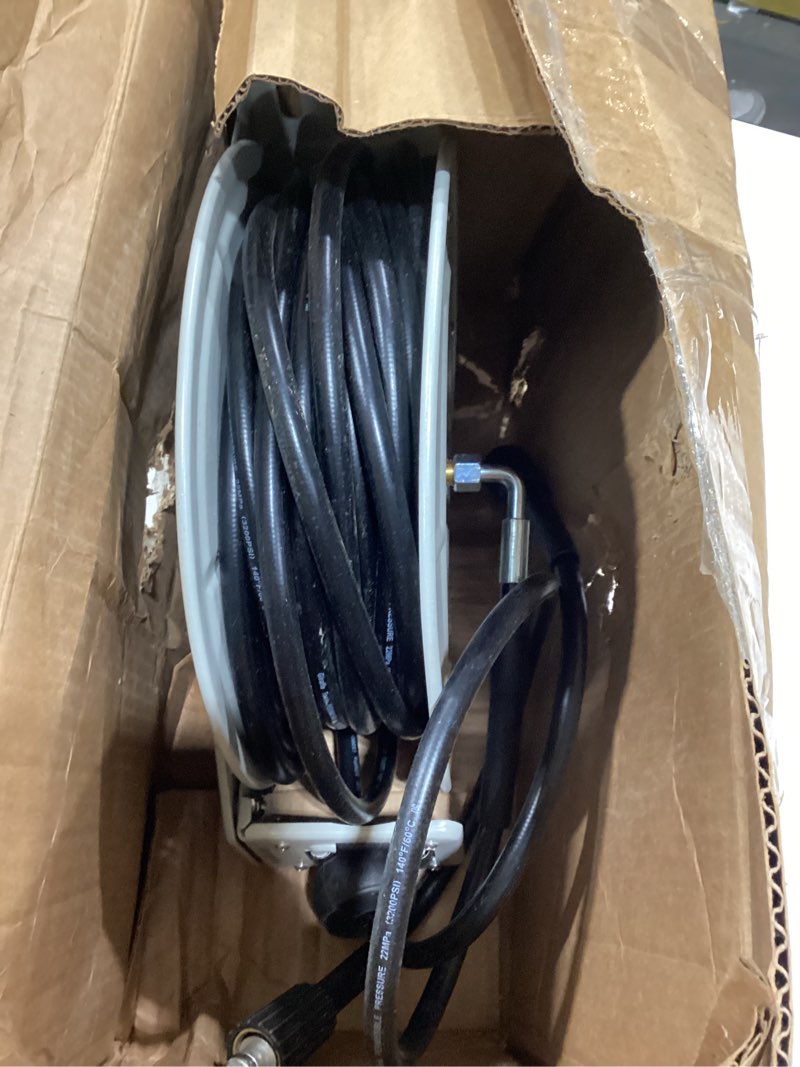 Condition photo showing As Is for Giraffe Tools Pressure Washer Hose Reel 65ft, Power Washer Hose Reel, Pressure Washer Retractable Hose Reel, Heavy Duty, Wall/Floor Mounted, 3200 PSI, Silver