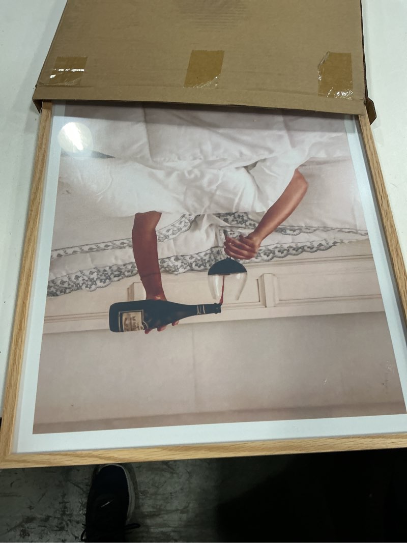 Condition photo showing New/Like New for ecohest woman drinking wine in bed framed wall art, 16x20 in large oak wood feminist alcohol canvas art, trendy teen girl bar cart college room decor, beige logs set of 1 for bedroom living room framed drinking 20"l x 16"w