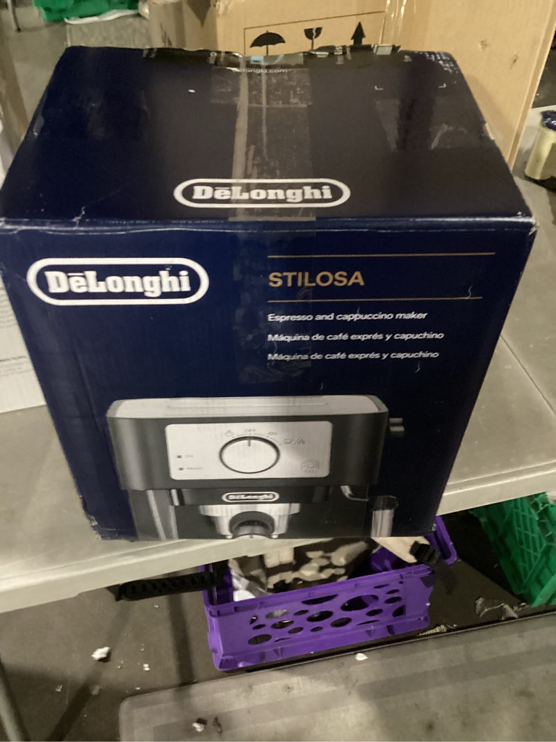 Condition photo showing New/Like New for de'longhi stilosa manual espresso machine, compact coffee maker, 15 bar pump pressure, manual milk frother steam wand for authentic single & double espresso, lattes & cappuccinos, tamper included stliosa espresso machine