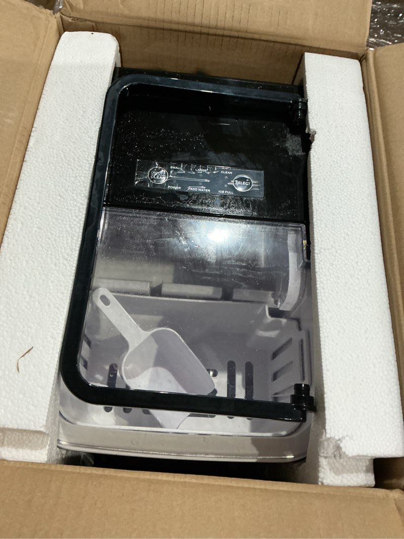 Condition photo showing Good Condition for newbulig ice makers countertop with handle, portable ice machine, 9 bullet ice cubes in 6 mins, 26lbs in 24hrs, auto-cleaning, with basket and scoop, for home, kitchen, rv, camping,black