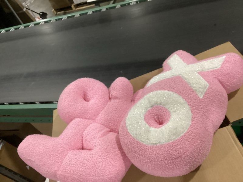 Condition photo showing As Is for Lanpn Valentines Day Heart Pillows 2Pcs, LOVE and XO Pillow Soft Faux Fur Throw Pillow Plush Decorative Cushion for Home Couch Bed Sofa Valentine Day Decor (pink ad white (16.5x12in/14x10.5in) Pink and white