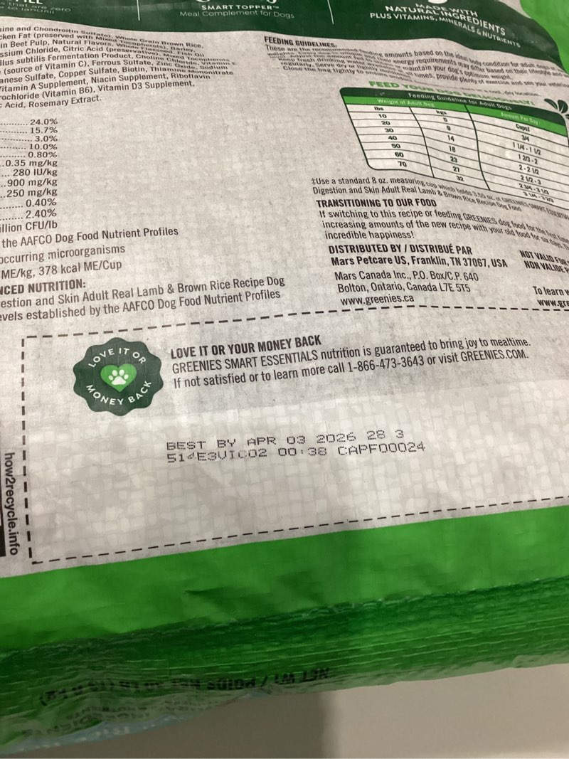 Condition photo showing New/Like New for Greenies Smart Essentials Sensitive Digestion & Skin Adult Dry Dog Food Real Lamb & Brown Rice Recipe, 30 lb. Bag Lamb & Rice 30 Pound (Pack of 1) BEST BY APRIL 3, 2026