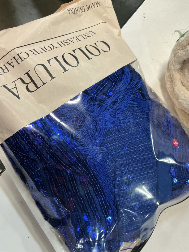 Condition photo showing Good Condition for cololura elegant women sequin short sleeve tassel bodycon midi dress party evening gown formal dress x-large blue
