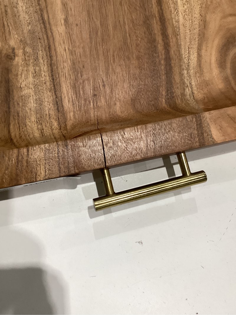 Condition photo showing As Is for better homes & gardens- acacia wood rectangle tray with gold color handles, one size