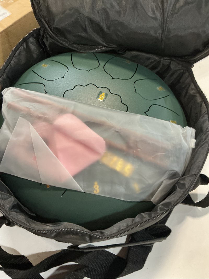 Condition photo showing Good Condition for steel tongue drum c major - 12 inch 13 note rain drum for outdoor, garden meditation, sound healing, yoga - handpan drum with mallets, music book, finger picks & carry bag green 12 inches