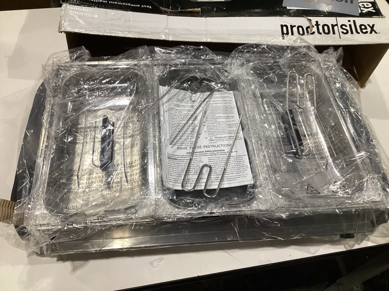 Condition photo showing As Is for Proctor Silex Buffet Server & Food Warmer, Adjustable Heat, for Parties, Holidays and Entertaining, Three 2.5 Quart Oven-Safe Chafing Dish Set, Stainless Steel