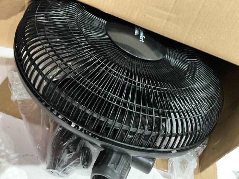 Condition photo showing As Is for comfort zone 16” oscillating pedestal fan  3-speed options  90-degree oscillating head  adjustable height and tilt  powerful air flow  black