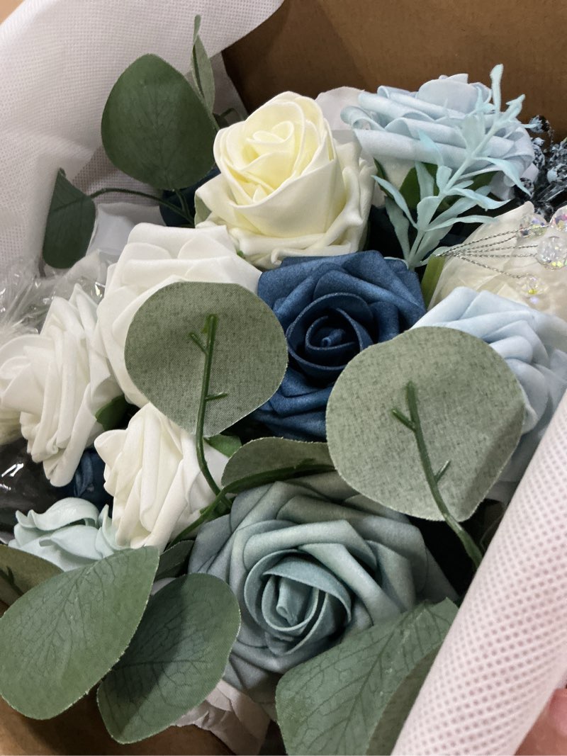 Condition photo showing Good Condition for ling's moment dusty blue bridal bouquet for bride, blue wedding bouquets for bride, 13 inch silk round artificial wedding flowers bouquets blu-romantic dusty blue small 13 inch