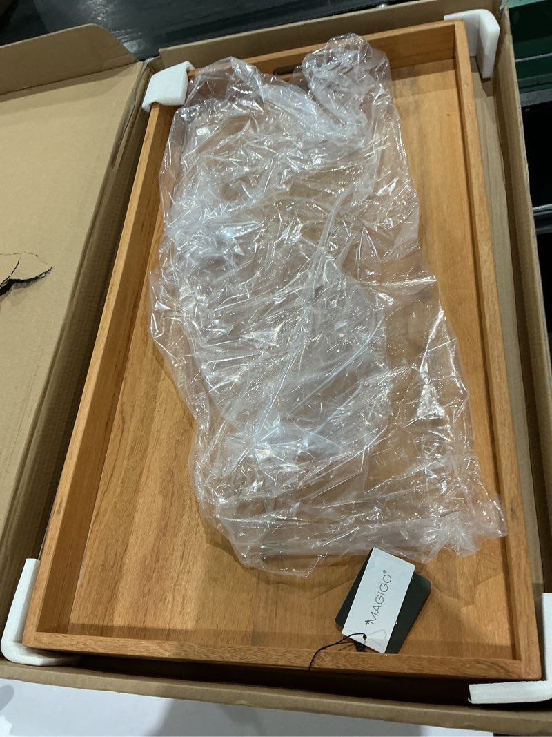 Condition photo showing Good Condition for 32 x 18 inches extra large rectangle teak wood ottoman tray with handles, serve tea, coffee classic wooden decorative serving tray 32" x 18" x 2.5"