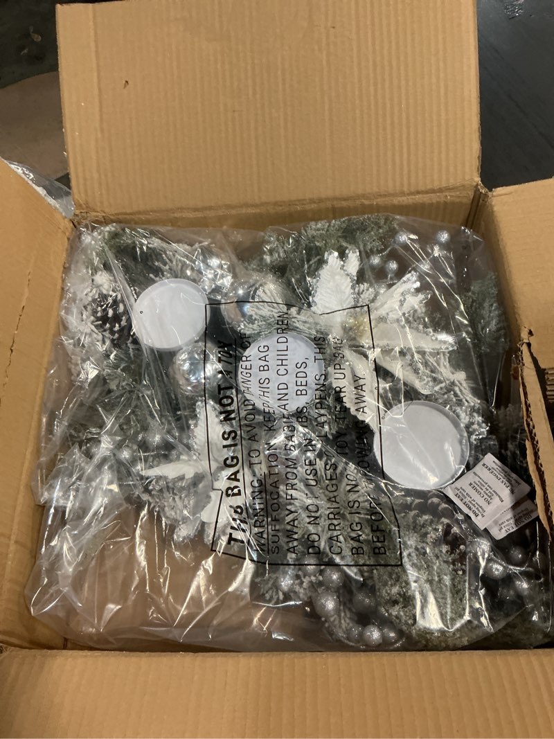 Condition photo showing New/Like New for 27.5" Artificial Christmas Teardrop Swag with Champagne Poinsettia, Pine Cones, Berries & Ornaments, White Cedar Branch Base for Christmas Thanksgiving Winter Holiday Front Door and Wall Decoration