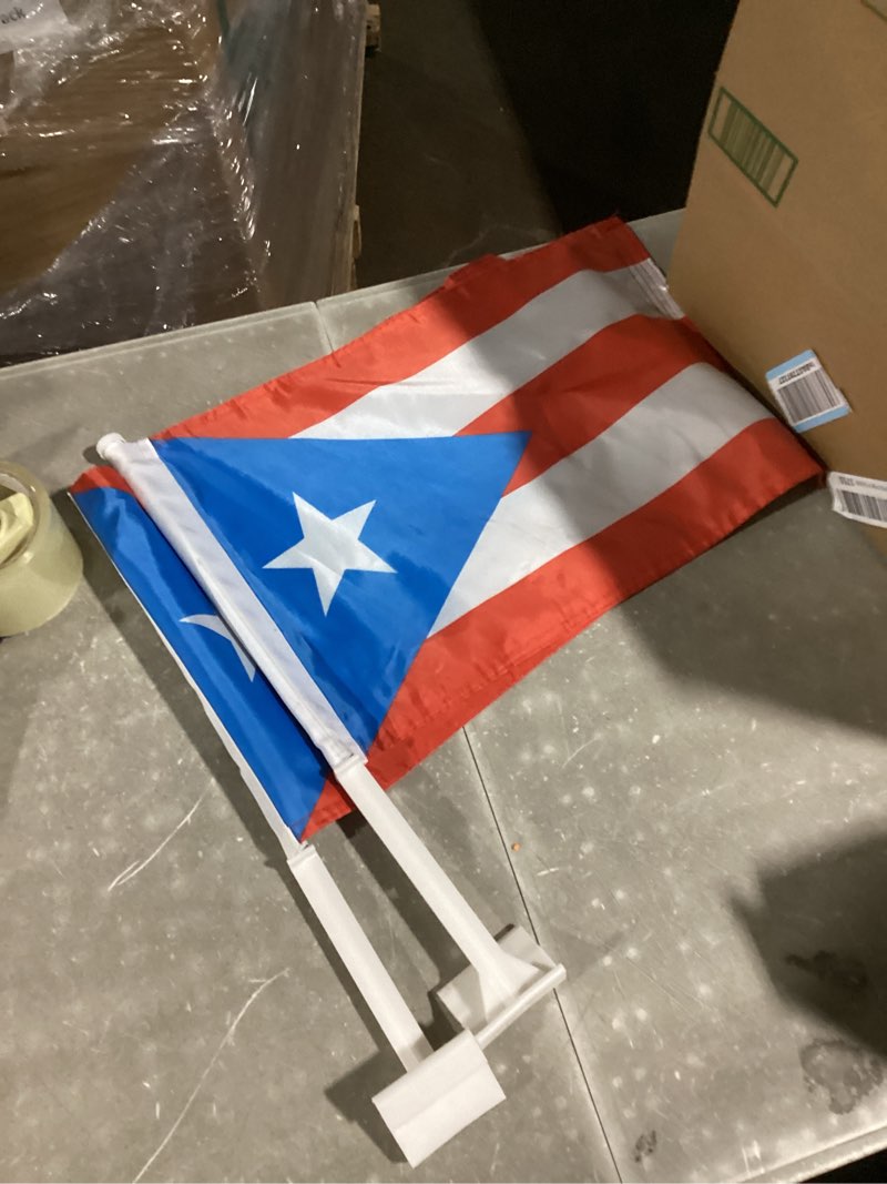 Condition photo showing Good Condition for 2 Pack Light Blue Puerto Rico Car Flags 11" x 17" with Flagpole Mount,Premium 200D Polyester Puerto Rican PR National Car Flag,19" Flagpole Fixed Window Clip Mount for Most Vehicle Window.