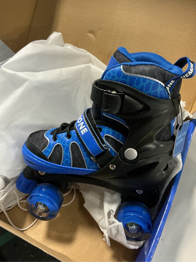 Condition photo showing New/Like New for nemone mermaid 4 size adjustable light up roller skates for girls, purple blue skates for toddlers, beginner kids butterfly roller skates indoor outdoor g- dinosaur - blue medium - big kid