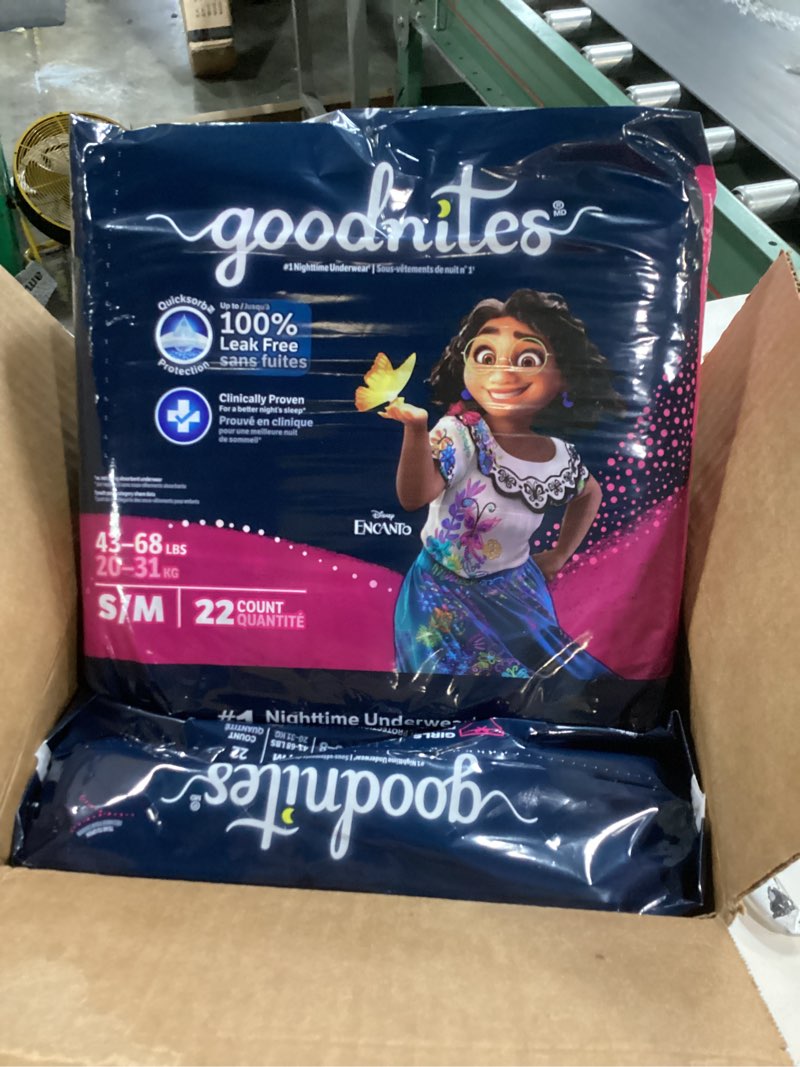 Condition photo showing New/Like New for goodnites girls' nighttime bedwetting underwear, size s/m (43-68 lbs), 44 ct (2 packs of 22), packaging may vary small/medium 44