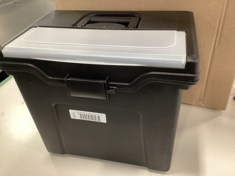 Condition photo showing Good Condition for IRIS USA File Box with Lid File Organizer for Letter File w/Organizer-Lid, Plastic Mobile Filing Organizer, Water Resistant Document Box, Portable File Box with Handle, Secure Buckle, Lockable, Black Black - Single