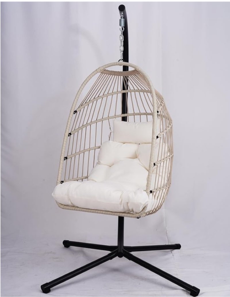  Outdoor Egg-Shaped Hanging Chair with Stand, Indoor/Outdoor Patio Swing Rocking Chair(White)