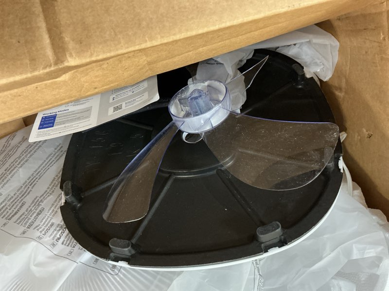 Condition photo showing As Is for Amazon Basics 16" DC Motor Standing Floor Fan, 12 Speed with Remote, 3 Breeze Modes, Dual-Layered Blades (10 Blades), Timer, Energy Efficiency and Quiet DC Motor (28W), White 12-Speed, DC Motor