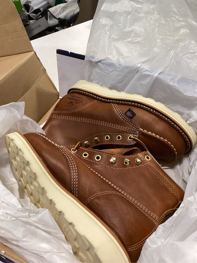 Condition photo showing New/Like New for zise 5 thorogood american heritage 8” steel toe work boots for men - full-grain leather with moc toe, slip-resistant wedge outsole, and comfort insole; eh rated 9 tobacco oil-tanned
