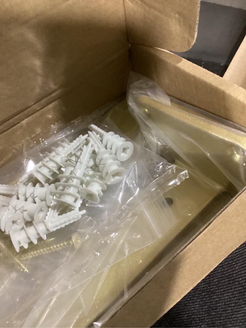 Condition photo showing Good Condition for Floating Shelf Brackets Upgraded, 8 inch, Gold Heavy Duty Iron Shelf Brackets, Industrial Modern Floating Shelf Support for Wall Mount Shelves,Wide Brackets ,4 Pack, Support DIY(5mm Thickening Type). Gold 8 in