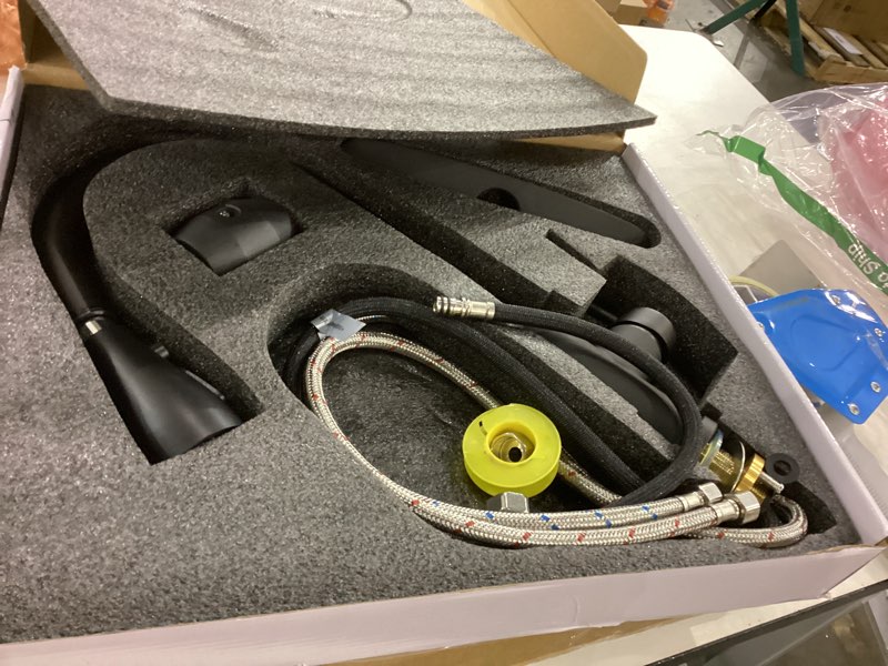 Condition photo showing As Is for Kitchen Faucet with Pull Down Sprayer?Stainless Steel Single Handle Kitchen Faucet?1/3 Hole, Deck Plate Included?Suitable for farmhouses, Campers, Laundry Rooms, RVs, and Bars(Black)