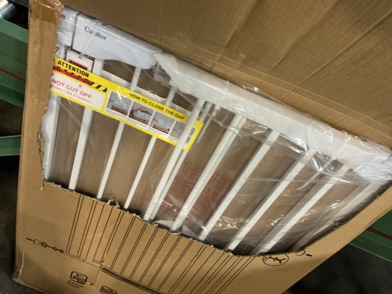 Condition photo showing New/Like New for cumbor 36" extra tall baby gate for dogs and kids with wide 2-way door, 29.7"- 46" width, and auto close personal safety for babies and pets, fits doorways, stairs, and entryways, white