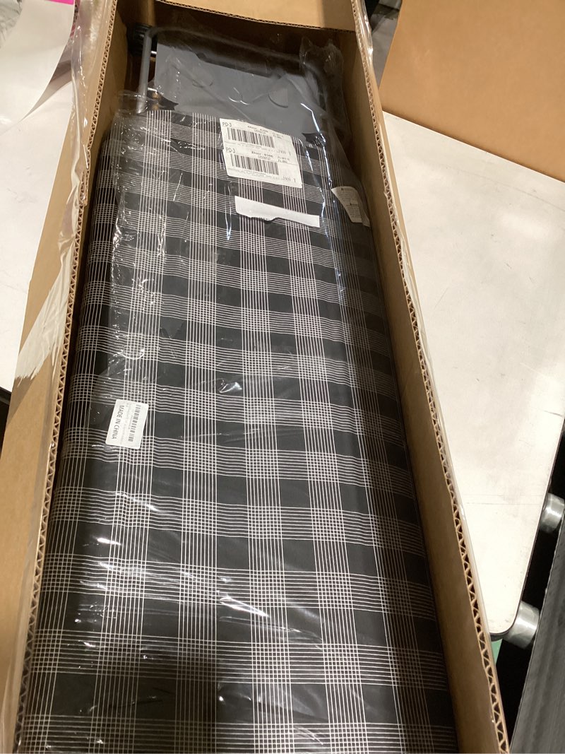 Condition photo showing Good Condition for ironing board 13" x 43" w/extra thick heavy duty padded cover, height adjustable,heat & scorch resistant fabric, anti-skid feet, extra wide, easy to fold checkered gray