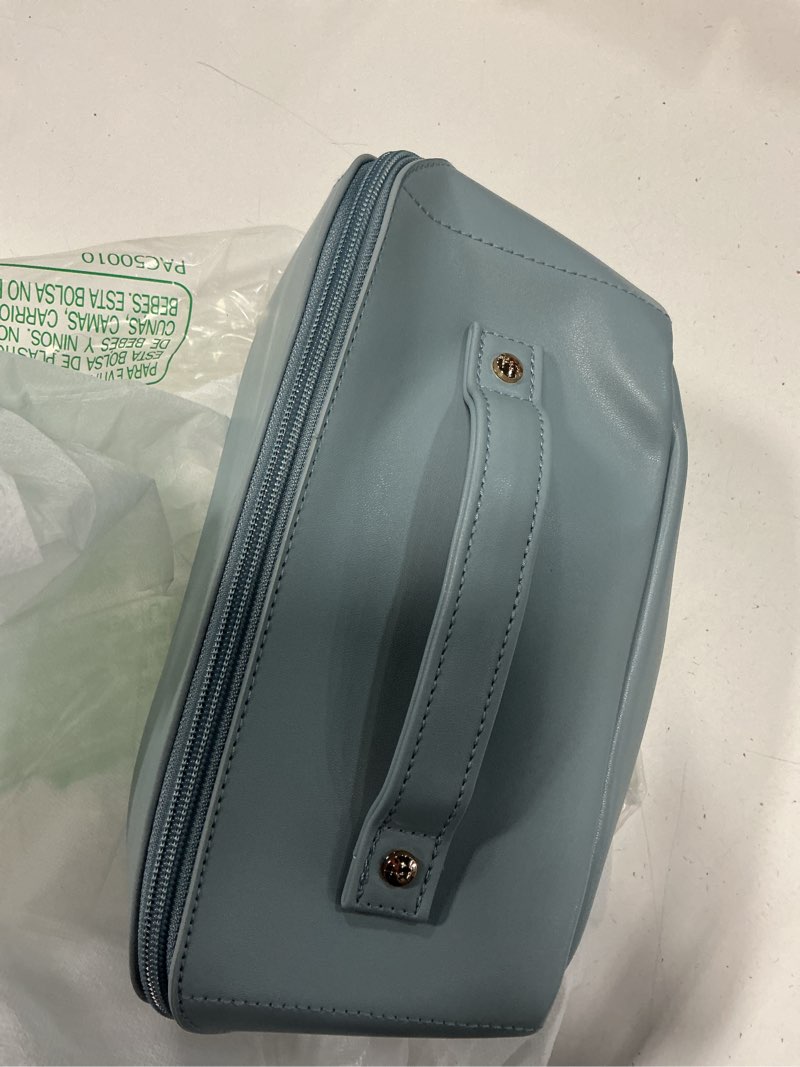 Condition photo showing New/Like New for eachy travel makeup bag, large capacity cosmetic bag for women, waterproof pu leather, flat open portable toiletry bag for skincare, brushes & travel essentials medium aj-blue