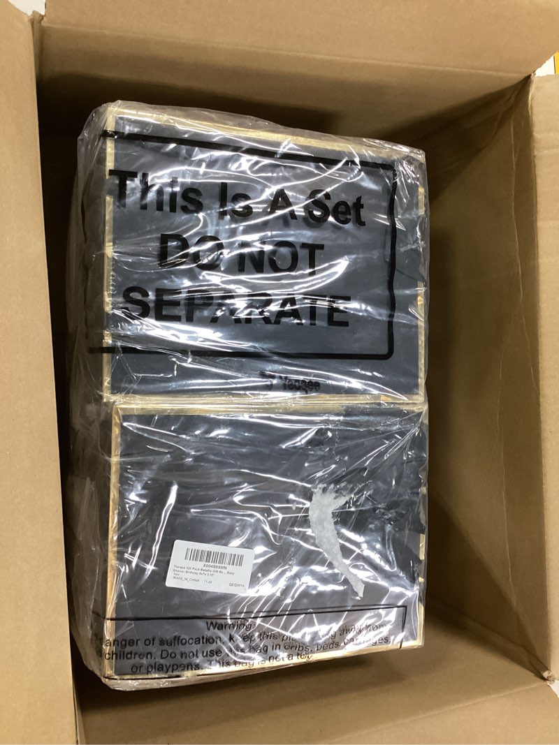 Condition photo showing Good Condition for Yeaqee 100 Pack Metallic Gift Bags with Handle and Tissue Paper Gold Foil Thank You Bag for Wedding Groomsmen Bridal Baby Shower Welcome Gifts Holiday Party Favors 9x7x3.15'' (Black) Black 100