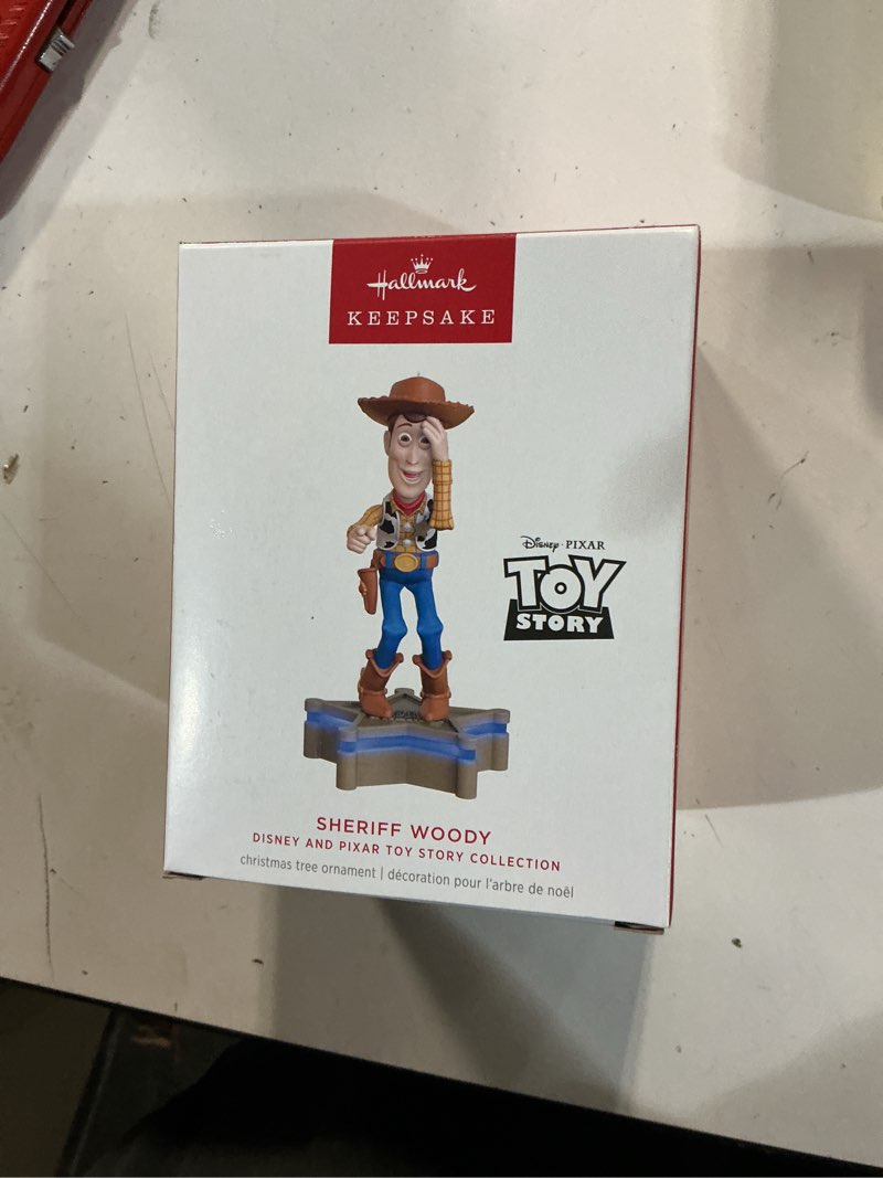Condition photo showing New/Like New for hallmark keepsake christmas ornament 2025, disney/pixar toy story collection sheriff woody with light and sound, gifts for disney fans