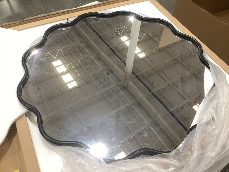 Condition photo showing As Is for prohomeware black round mirror 28 inch wavy bathroom vanity mirror gold frame modern wall mirror decorative wall-mounte anti-rust, tempered glass 28"l x 28"w black