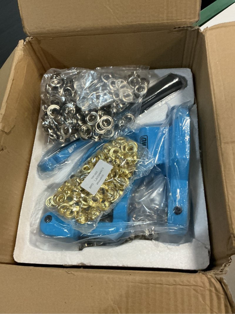 Condition photo showing New/Like New for heavy duty eyelet grommet machine press punch tool kit with 3 dies & 900 pcs grommets, self piercing, labor saving, corsetry class recommended pkyk001