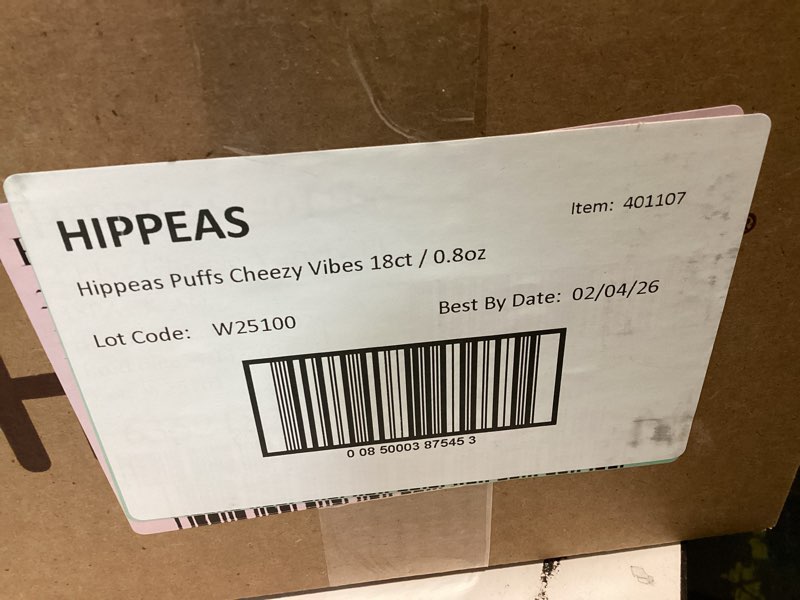 Condition photo showing New/Like New for HIPPEAS Chickpea Puffs, Cheezy Vibes, Gluten Free Snacks, Dairy Free, Vegan, 0.8oz, Pack of 18, 3g Protein, 2g Fiber, Crunchy, Nutritious, Baked Plant Protein Snack, Non-GMO, Kosher Cheezy Vibes 0.8 Ounce (Pack of 18)