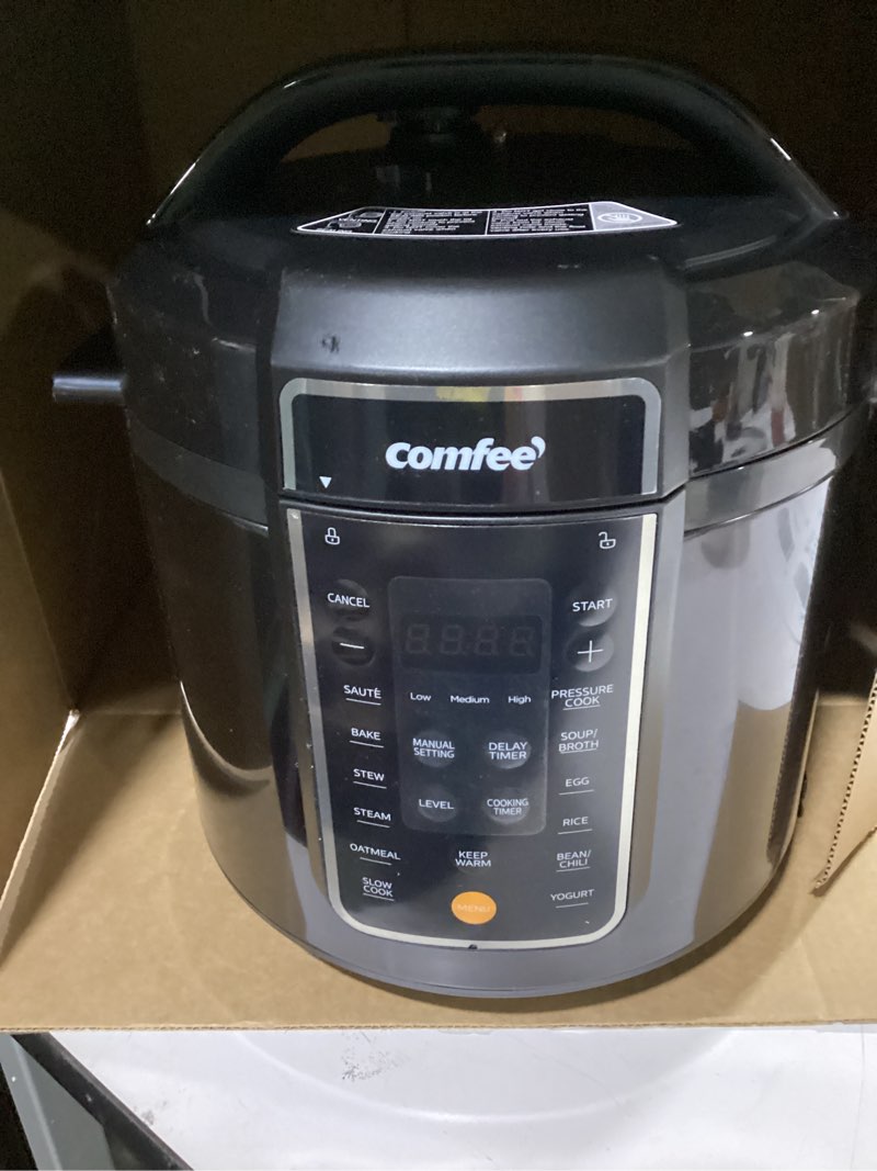 Condition photo showing As Is for COMFEE’ 9-in-1 Electric Pressure Cooker, 14 Presets Instant Multi Slow Cooker Olla de Presion Non-Stick Pot Rice , Yogurt Maker, Sauté Steamer, Black , 6 Quarts Black 6 Quarts