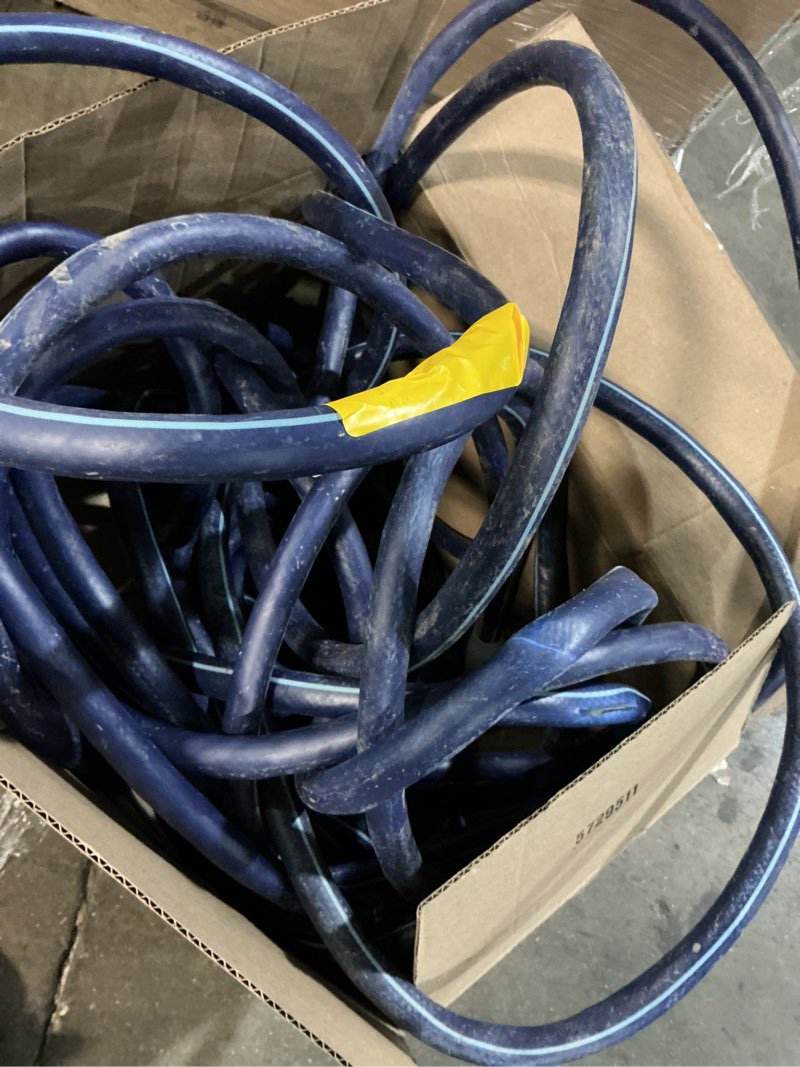 Condition photo showing As Is for heavy duty garden hose 5/8" 50ft: flexible rubber water hose with 10 function sprayer - leakproof hose male to female fittings - durable hose for yard, lawn, car wash, outdoor, watering 50ft dark blue