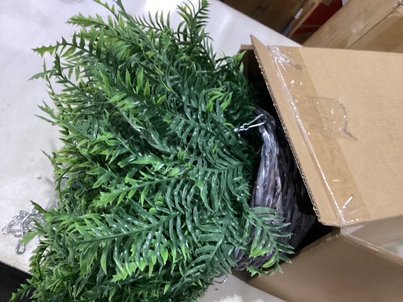 Condition photo showing Good Condition for qianyun artificial hanging boston ferns – 2 pack large faux fern bushes, uv resistant outdoor hanging plants for front porch, patio, and indoor décor green