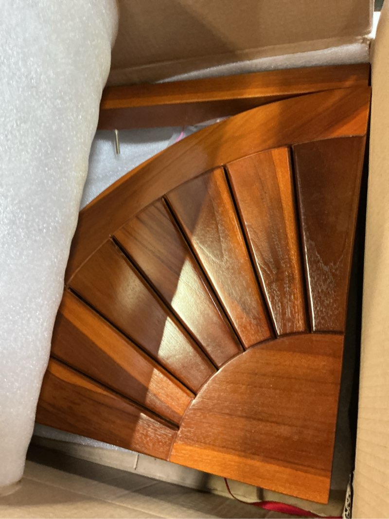 Condition photo showing New/Like New for 18" Premium Teak Corner Shower Bench with Shelf, Solid Teak Shower Stool, Durable Waterproof Wooden Seat for Inside Shower, Teak Wood Bench for Bathroom, Indoor & Outdoor Use