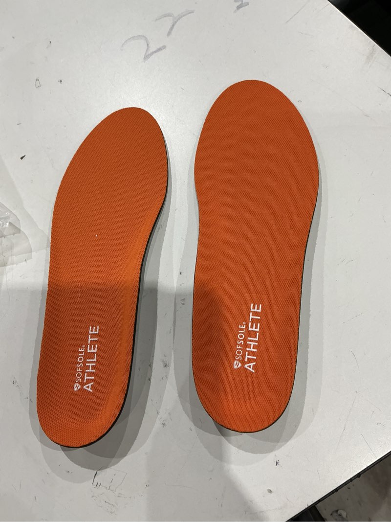 Condition photo showing Good Condition for sof sole athlete performance men's insoles - pu foam & gel inserts - heel-to-toe cushioning, support, & moisture control, - lightweight comfort & stability - ideal for runners, walkers, athletes 11-12.5 orange