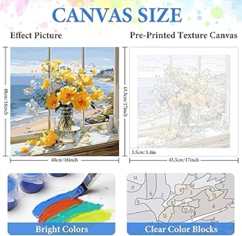 prasio framed paint by numbers kit for adults beginner with easel, flowers adult paint by number kit