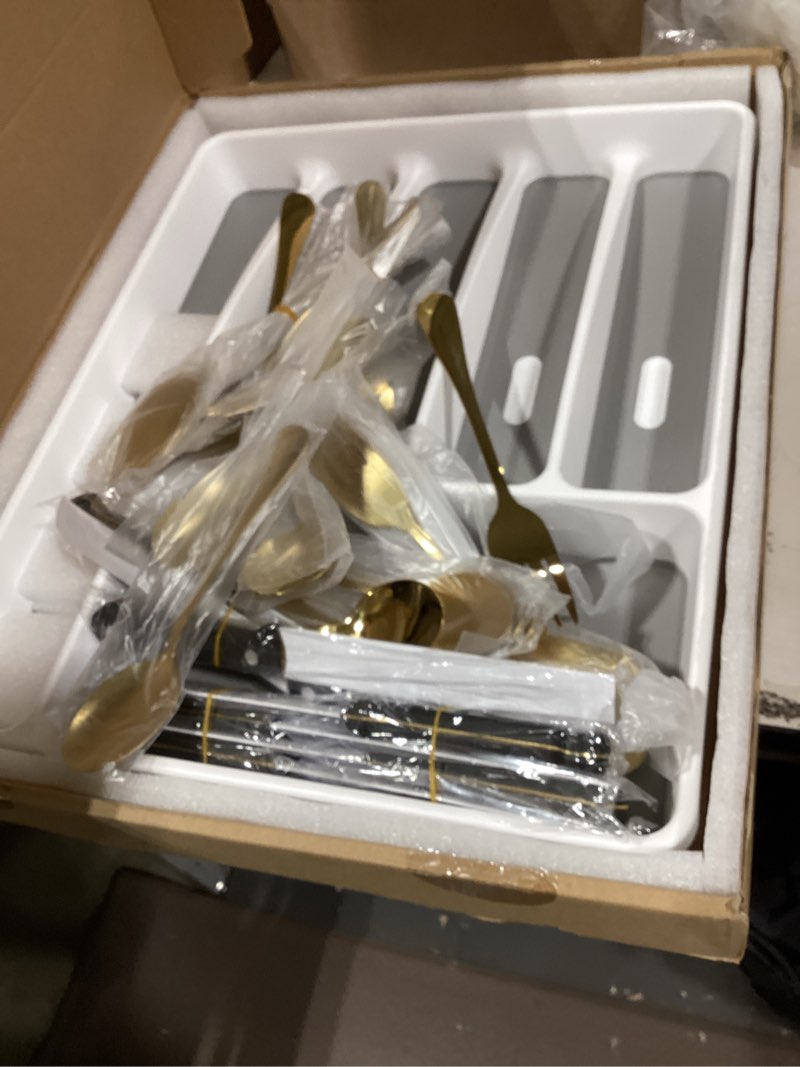 Condition photo showing As Is for gold 49 pieces stainless steel flatware sets with organizer,golden silverware sets with steak knives service for 8,durable knife and fork spoon sets for home kitchen