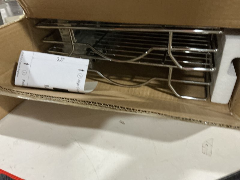 Condition photo showing As Is for OCG 2 Tier Pull Out Cabinet Organizer (14" W x 21" D), Pull Out Drawers for Kitchen Cabinets, Pull Out Shelves for Base Cabinet Organization in Kitchen Bathroom Pantry, Chrome Finish 14"W x 21"D