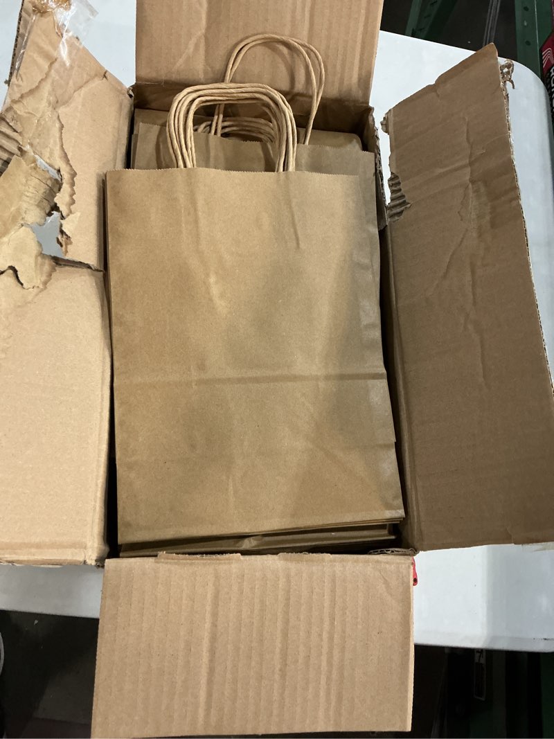 Condition photo showing As Is for racetop brown paper bags with handles bulk 100pcs 8x4.5x10.8 inch gift bags bulk, brown kraft paper bags for retail, party, shopping, favor brown 8x4.5x10.8 1 count (pack of 100)