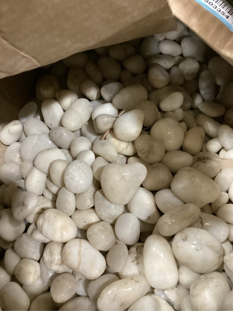 Condition photo showing As Is for white river rocks, 1-2 inch natural pebbles for indoor plants, high polished decorative stones vase filler fish tank aquariums landscaping garden outdoor and indoor diy 5 pounds white